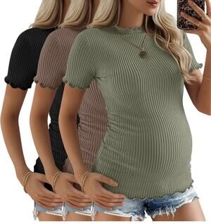 3 Pack Women's Ribbed Maternity Tops Short Sleeve, Ribbed Knit M